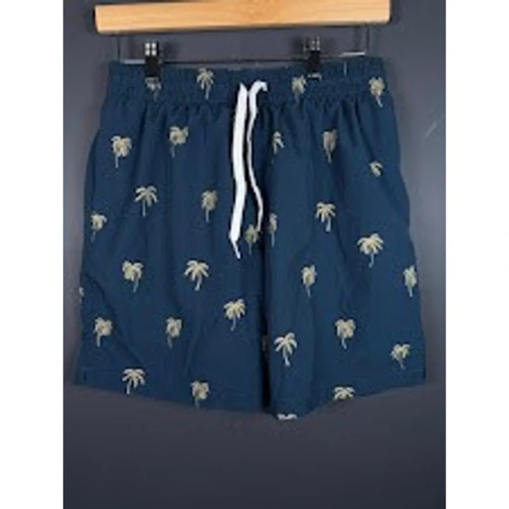 Chubbies Mens Medium Navy Palm Tree Print Swim Trunks Shorts 7 Inch Inseam